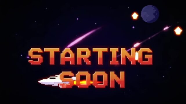 Retro pixel art space stream starting soon animation with spaceship flying past stars and meteorites for streaming background