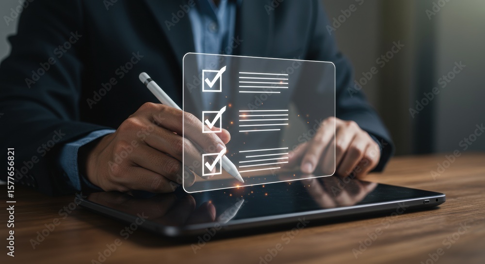 Fototapete person using stylus on tablet with digital checklist. modern office workspace with tech overlay. pro