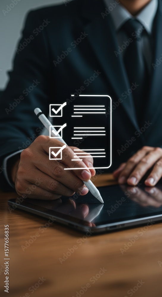 Fototapete person using stylus on tablet with digital checklist. modern office workspace with tech overlay. pro