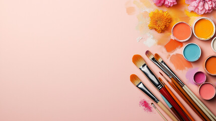 Artistic Palette: A vibrant composition featuring artist's brushes, paint pots, and floral accents artfully arranged on a pastel surface, symbolizing the joy of creation.