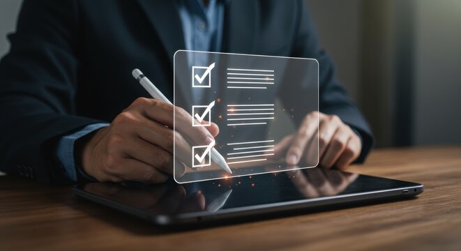Person using stylus on tablet with digital checklist. Modern office workspace with tech overlay. Professional task management with digital notes.