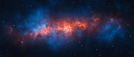 Fototapeta premium A vibrant and expansive deep space view featuring a glowing blue and orange nebula amidst countless distant stars.