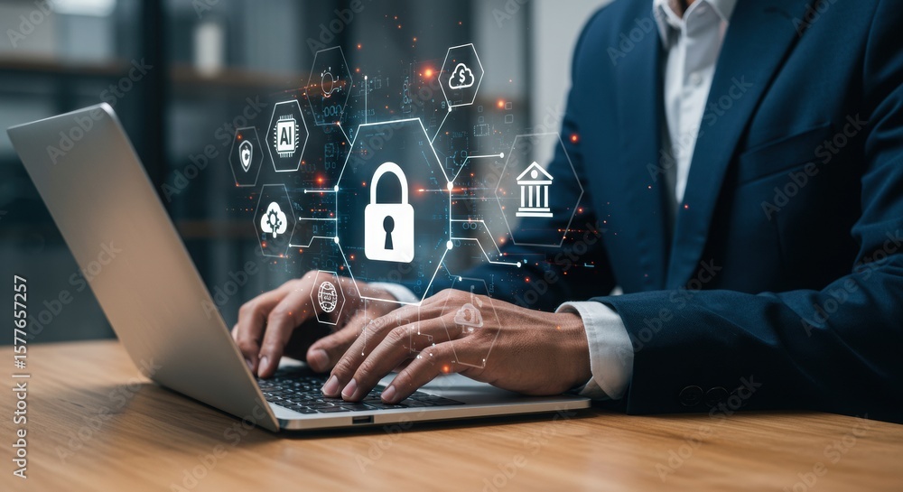 Poster cybersecurity professional working on laptop with digital overlay. businessperson analyzing ai and f