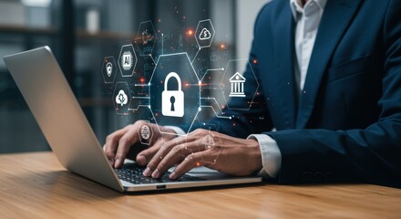 Cybersecurity professional working on laptop with digital overlay. Businessperson analyzing AI and financial security. Digital padlock symbolizing data protection.