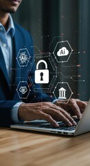 Cybersecurity professional working on laptop with digital overlay. Businessperson analyzing AI and financial security. Digital padlock symbolizing data protection.