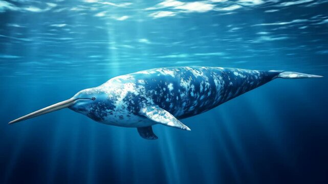 Behold a majestic narwhal gracefully gliding through the deep blue sea, its iconic tusk gleaming as it navigates the depths of its natural habitat.