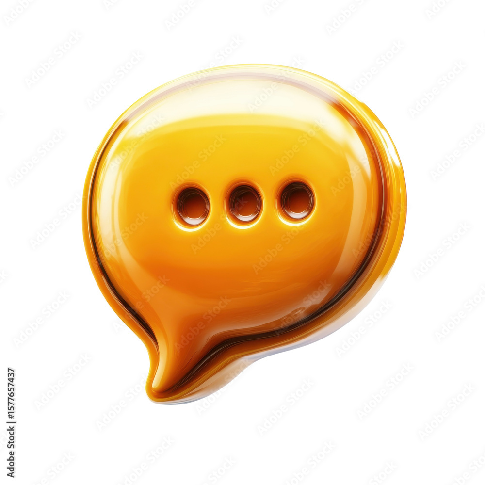 Poster orange glossy speech bubble icon with ellipsis ui element notification on transparent background