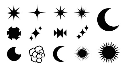 A collection of celestial icons in black and white, featuring stars, moons, and suns, perfect for adding a cosmic touch to designs and illustrations.
