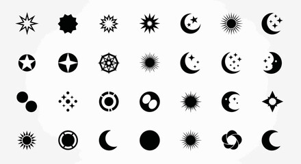 Collection of 30 minimalist sun and moon icons, perfect for web design, mobile apps, or branding projects needing celestial or night and day themed imagery, in black and white.