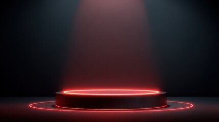 Vibrant photo of circular red neon podium with a halo effect, set against a dark, illuminated backdrop with minimalistic design elements, ideal for a modern and stylish.
