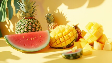 Summer fruits displayed on bright yellow surface, watermelon, pineapple, and mango slices, cheerful mood