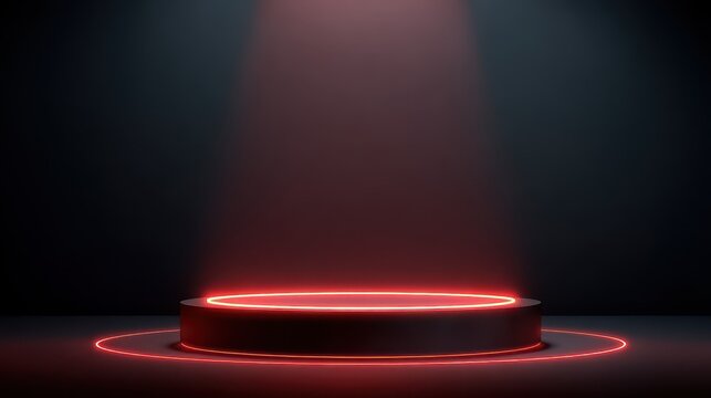 Vibrant photo of circular red neon podium with a halo effect, set against a dark, illuminated backdrop with minimalistic design elements, ideal for a modern and stylish.