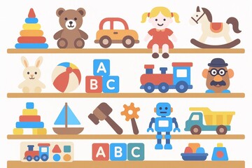 Fototapeta premium Flat Illustration of Colorful Kids Toys on Shelves