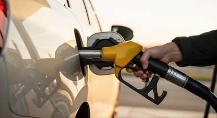 Close-up of a person refueling a vehicle at a gas station using a yellow fuel nozzle