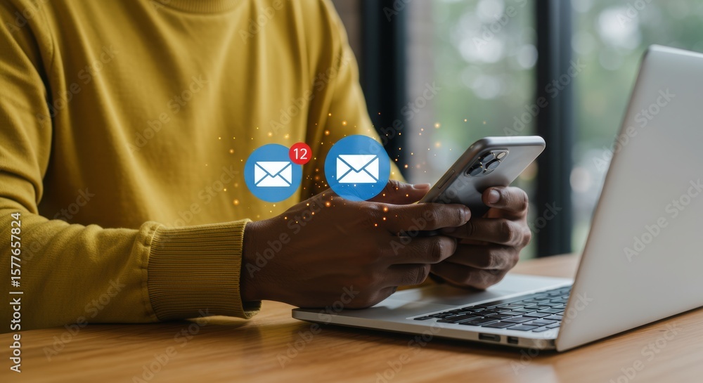 Poster person checking smartphone with email notification overlay. modern professional managing digital com