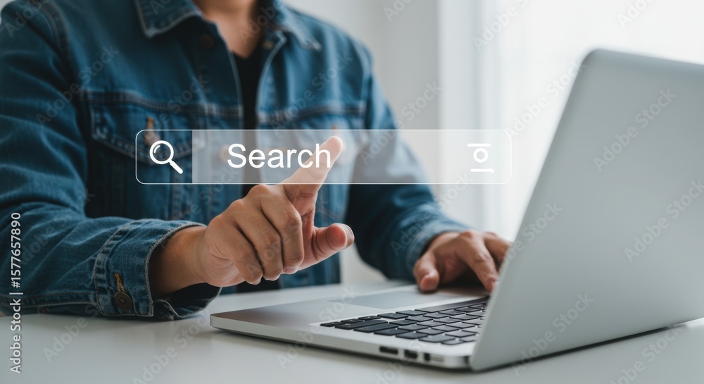 Poster modern search interface with person pointing at virtual bar. digital technology concept with clean l