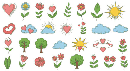 A charming collection of hand-drawn doodle icons featuring hearts, flowers, trees, sun, and clouds, perfect for whimsical design projects.