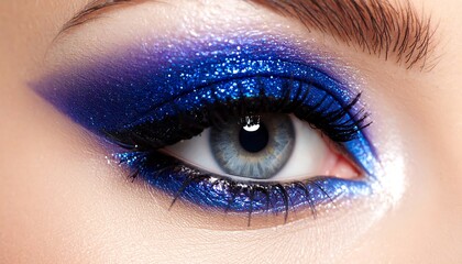 Close-up of a woman's eye with vibrant blue eyeshadow