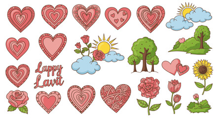 A collection of hand-drawn, colorful illustrations featuring hearts, flowers, trees, and a sunny landscape, perfect for Valentine's Day or romantic designs.