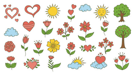 Fototapeta premium A whimsical collection of hand-drawn elements featuring hearts, flowers, trees, suns, and clouds, creating a cheerful and playful design suitable for various creative projects.