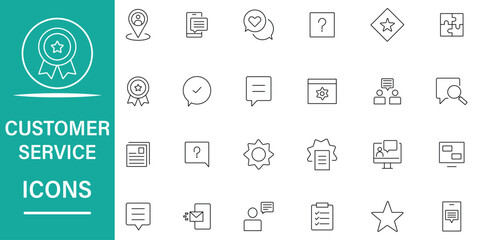 Customer service line icon set. Included icons as  satisfied, assistance, experience, operator, technical support, help and more. Set of 24 icons related to customer service. Vector illustration.