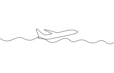 One continuous line drawing of Airplane path. Business Concept of world travel and international flight. Airplane continuous one line drawing. Plane sign in simple linear style. Vector illustration.