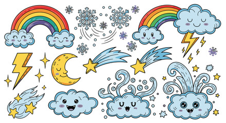 Cute cartoon weather elements collection featuring rainbows, clouds, stars, moon, lightning, and snowflakes, perfect for kids' designs and whimsical projects.