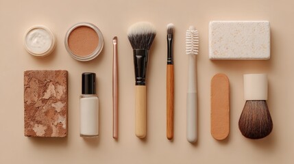 Flat lay of makeup tools and skincare products on beige background