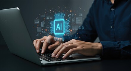A persons hands typing on a laptop, with a glowing blue ai circuit graphic overlayed, symbolizing artificial intelligence and data analysis