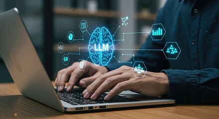 Hands typing on a laptop, with a glowing digital brain icon labeled llm and surrounding icons representing ai and data connections