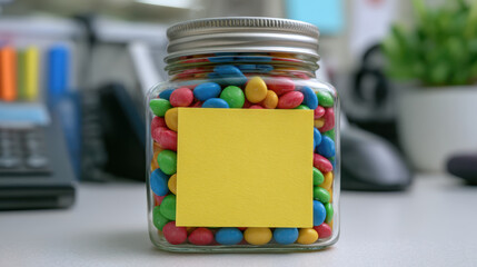 Colorful candy jar with yellow sticky note on office desk, bright and cheerful sweet treat for celebration or gift