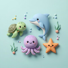 Adorable sea creatures in pastel hues come to life, featuring a smiling dolphin, cheerful turtle, cute octopus, and happy starfish arranged on a serene light blue background, perfect for kids design.