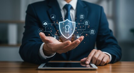 Business security concept with digital shield and keyhole. Professional setting with technology and connectivity icons. Modern corporate cybersecurity theme.