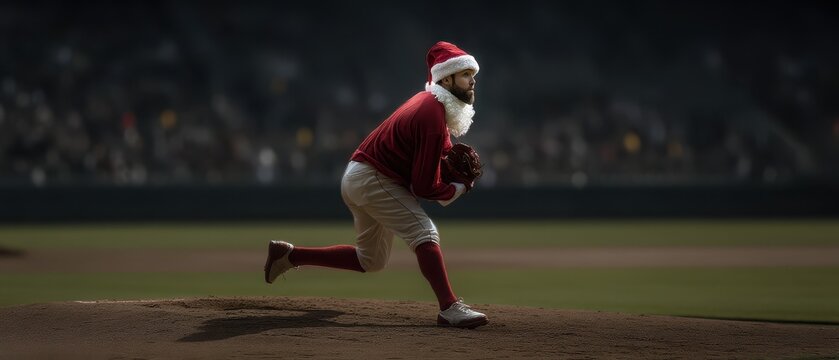 Santa-clad male baseball pitcher in action on dark stadium field