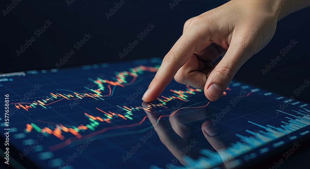 Poster a finger pointing at a digital financial chart on a tablet screen, displaying stock market data and 