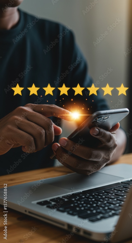 Poster digital engagement with glowing star rating on smartphone. user interaction with review system on mo