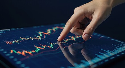A finger pointing at a digital financial chart on a tablet screen, displaying stock market data and trends with green and red lines