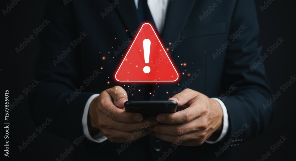 Poster smartphone alert with red warning triangle icon. professional hands holding phone with caution symbo