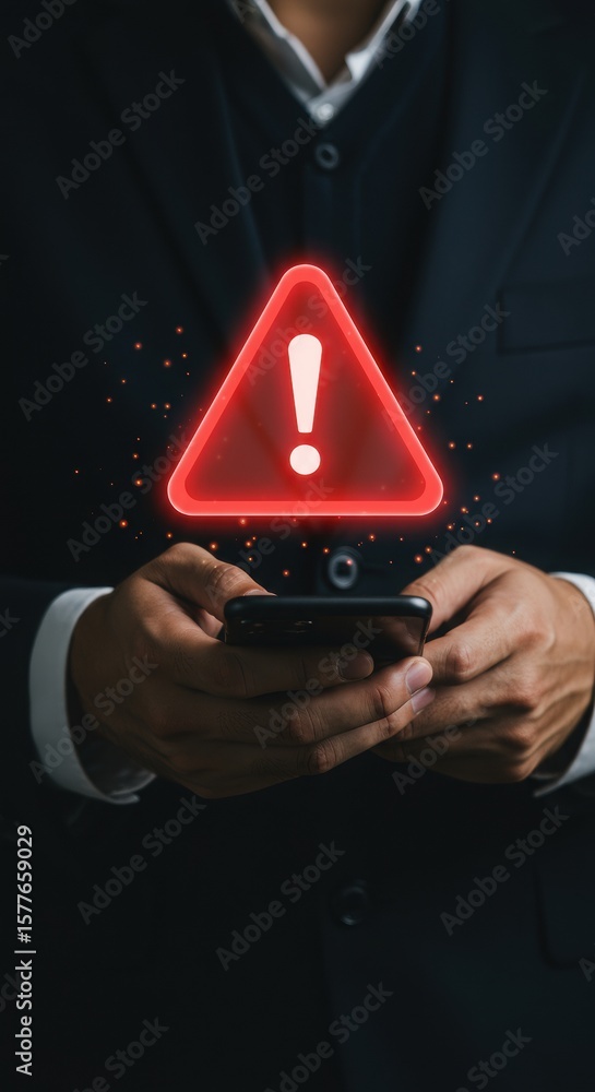 Poster smartphone alert with red warning triangle icon. professional hands holding phone with caution symbo