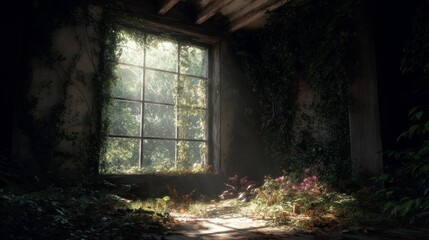 Overgrown Abandoned Building Interior with Sunlit Window