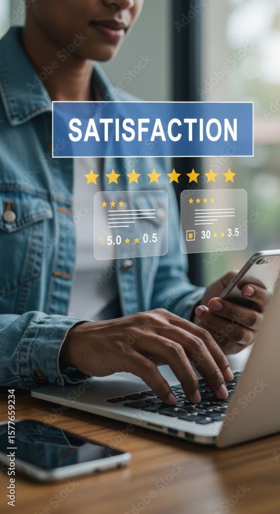 Fototapete customer satisfaction rating system on laptop and phone. professional hands interacting with digital