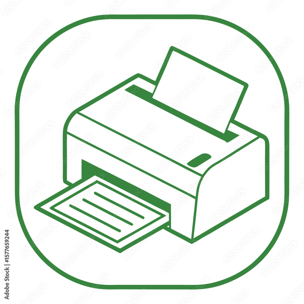 Poster green printer outputting document inside rounded square paper printing