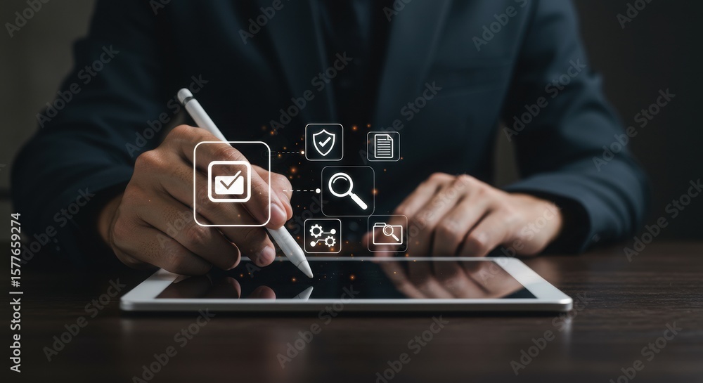 Poster business professional using tablet with security and search icons. digital task management with styl