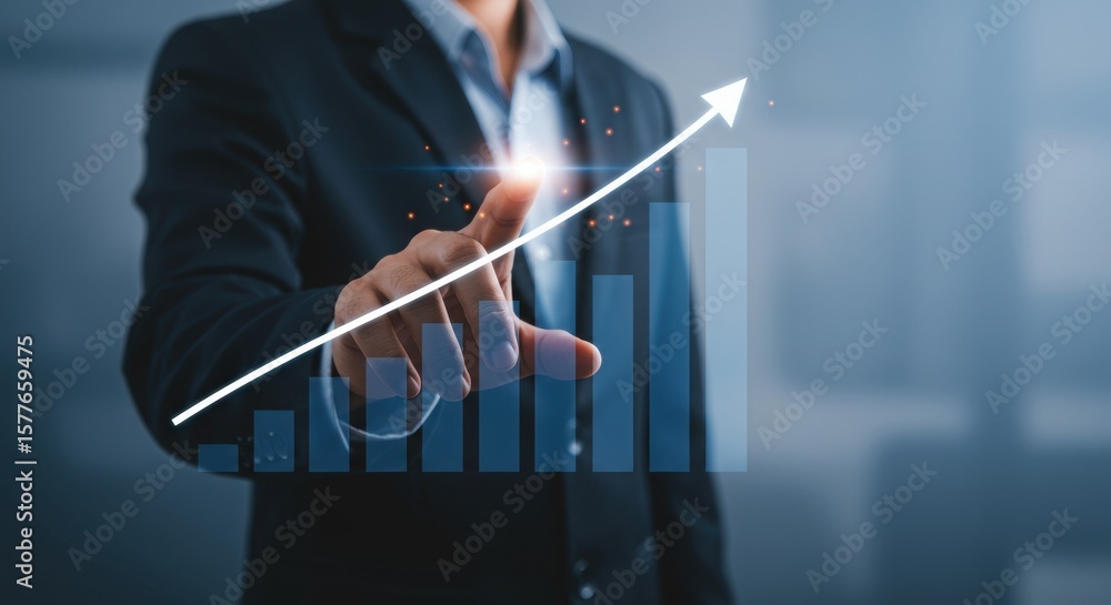 Poster business professional analyzing data graph. corporate executive interacting with growth chart. moder