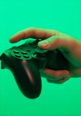 Male hand holding gaming controller with bright green chroma key background, isolated