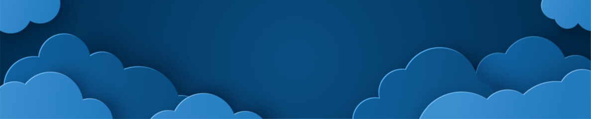 Beautiful fluffy clouds on blue sky background. Vector illustration. Paper cut style. Place for text. Good night poster, sweet dreams banner with dark stormy overcast, cloudy backdrop, empty space