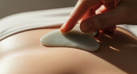 Gua Sha Facial Massage. A hand is holding a Gua Sha tool on skin, seemingly about to perform a facial massage. The Gua Sha tool is made of a light-colored stone. The focus is on beauty, wellness