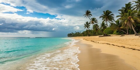 A scenic view of a tropical beach with palm trees and turquoise water under cloudy sky