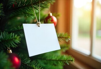 christmas greeting card, Blank greeting card hanging on a Christmas tree