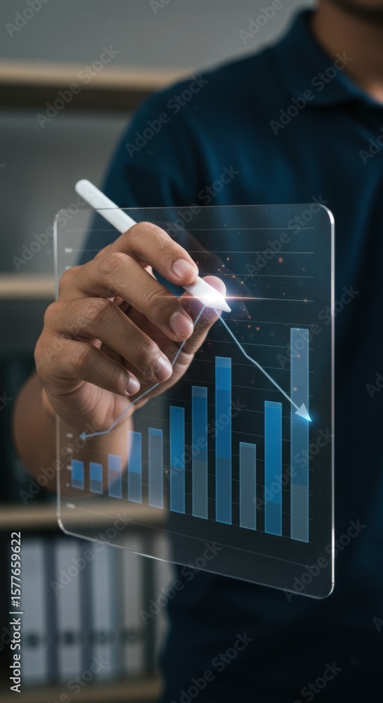 Aufkleber professional analyzing data with stylus on transparent screen. futuristic business technology with i